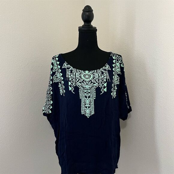 Umgee Women's 1XL Blue Embroidered Boho Blouse Short Sleeve Casual Top - Picture 1 of 8